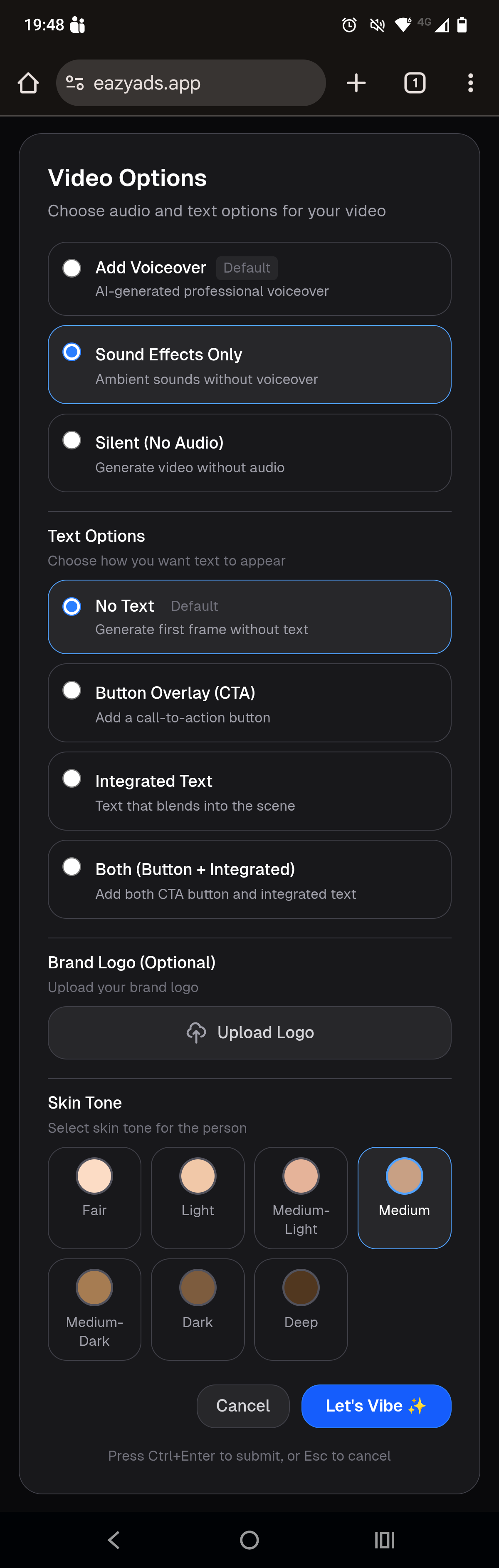 Screen 6: Video Options - UGC with Skin Tone